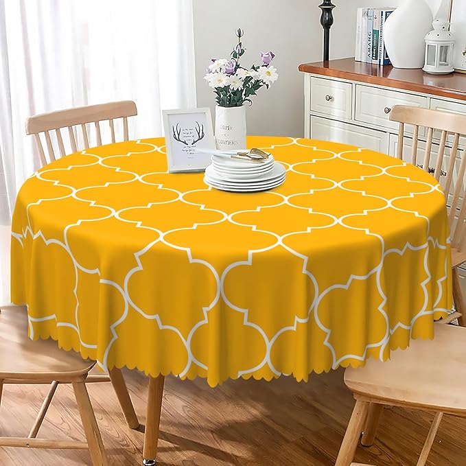 Laeacco 54 Inch Morocco Round Tablecloth Orange Geometric Lattice Modern Abstract Art Print Table Cloth Washable Waterproof Wrinkle Free Table Cover for Kitchen Dining Picnic Party Decoration