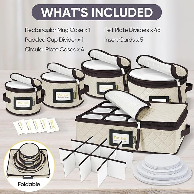 BALEINE China Storage Containers, Sturdy Quilted Wine Glass Storage, Plate Organizer with Carry Handles, Moving Boxes for Dishes, Cups, Mugs and Stemware (Plate Mug Combo, Soft Shell Cream)