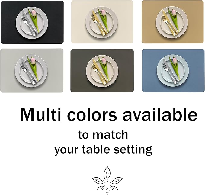 More Décor Faux Leather Placemats Set of 6 for Dining Table – Waterproof, Wipeable, Washable, Stain & Heat Resistant, Non-Slip Table Mats – 12 X 17 Inch (Solid Black, 6)