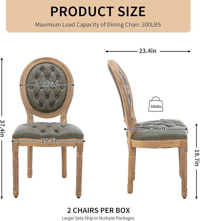Vintage French Dining Chairs Set of 2, Round Back PU Leather Upholstered Side Chairs with Nailhead Trim and Solid Wood Frame, Sillas de Comedor for Dining Room & Kitchen, Olive Green
