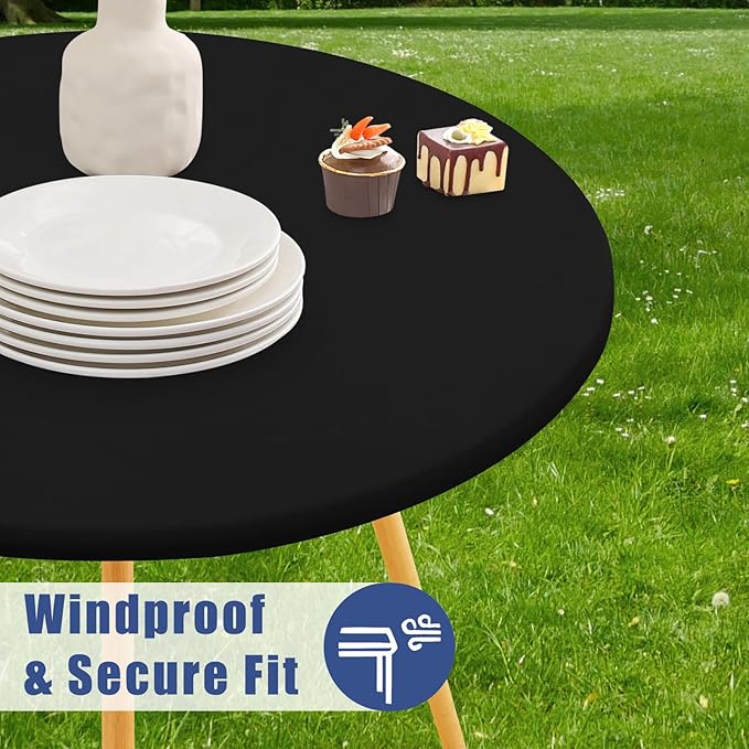 Round Spandex Tablecloth, Elastic Fitted Waterproof Tablecloths for 36"-44" Tables, Stretch Washable Picnic Table Cover for Camping, Dining, Indoor and Outdoor, Black