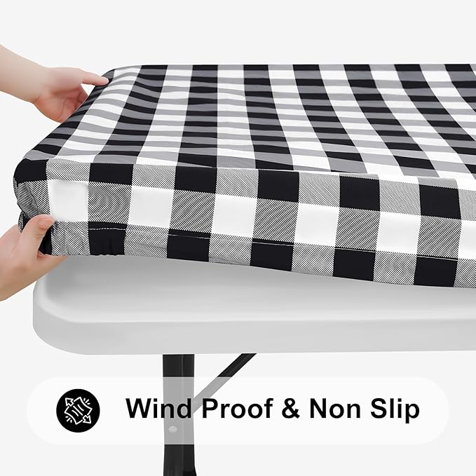 Smiry Square Picnic Table Cloth, Elastic Waterproof Fitted Vinyl Tablecloths, Flannel Backed Buffalo Plaid Table Covers for Dining, Camping, Outdoor (Black and White, 34" x 34")