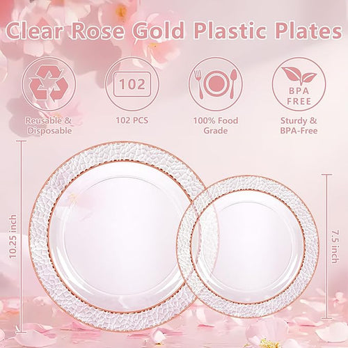 102PCS Rose Gold Plastic Plates - Clear Rose Gold Disposable Plates Include 51PCS 7.5inch Dessert Plate 51PCS 10.25inch Dinner Plate Perfect for Weddings Valentine's Day Parties