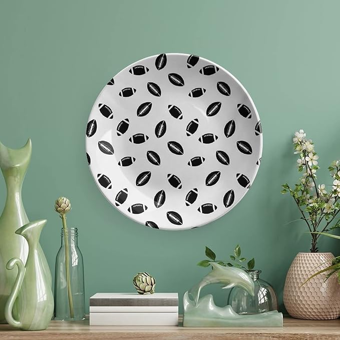 Ceramic Plates, American Football Decorative Ceramic Plates, Monochrome Pattern Black Rugby Balls Sports, 10 Inch, Household Plates Decorative, Black White