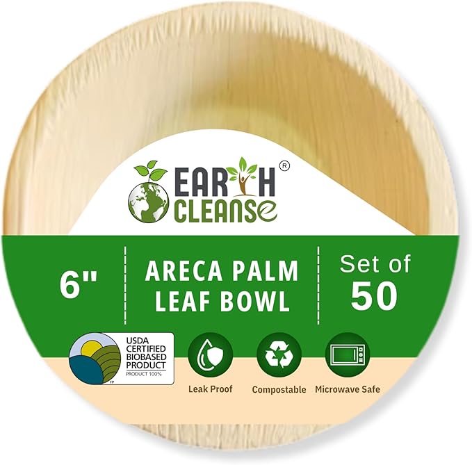 6" Areca Palm Leaf Round Bowls Compostable Biodegradable Eco-Friendly Bowls Natural Disposable Bowls, Perfect for Picnic Catering, Dessert, and Wedding (Pack of 50)