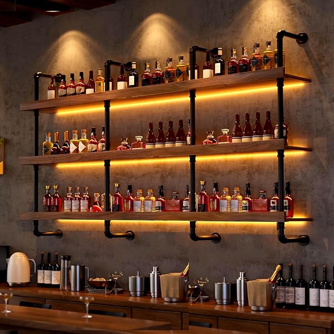 39.7in Large Wine Rack with LED Light Solid Wood Wall Mounted Wine Rack, 3-Tiers Liquor Bottles Floating Shelves Display Storage Organizer for Home Bar & Dining Room (100cm/39.7in)