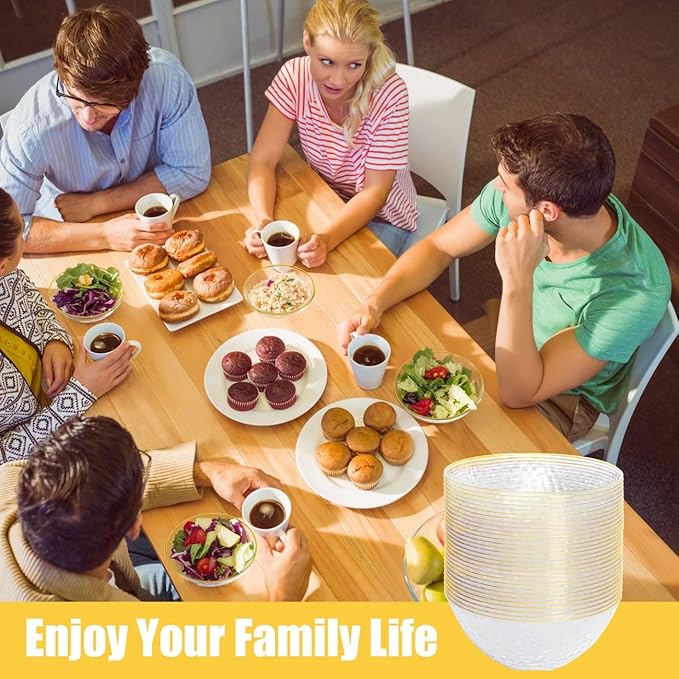I00000 50 Pack 12 Ounce Clear Plastic Bowls Hammered with Gold Rimmed, Heavy Duty Disposable Bowl Set,Small Bowls for Valentine's Day