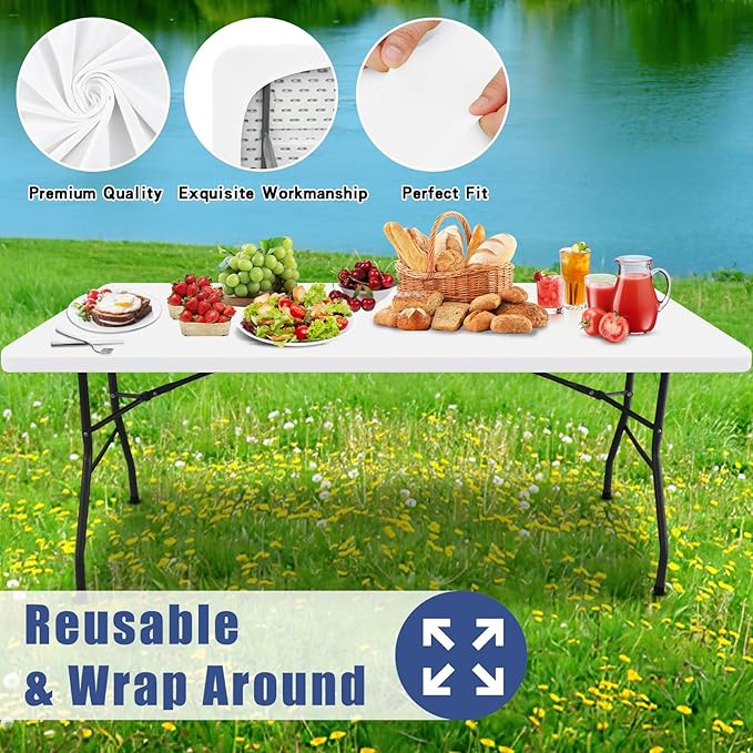 Spandex 5 Foot Rectangle Table Cloth 2 Pack, Elastic Fitted Tablecloths for Picnic, Stretch Washable Patio Table Cover for Outdoor, Camping, Banquet and Parties (White, 30"x60")