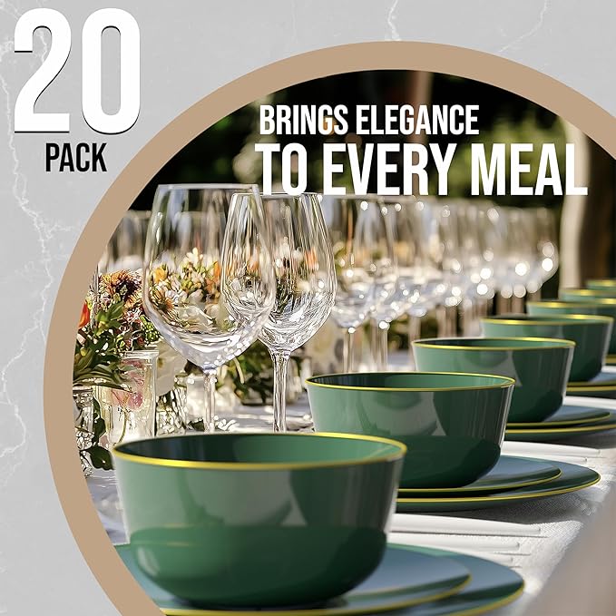 Trendables Plastic Bowls Disposable Bowls 24 Oz Bowl Set Of 20 Green Gold Rimmed Fancy Plastic Serving Bowls Perfect Plastic Ice Cream Bowls Plastic Salad Bowls Plastic Candy Bowl