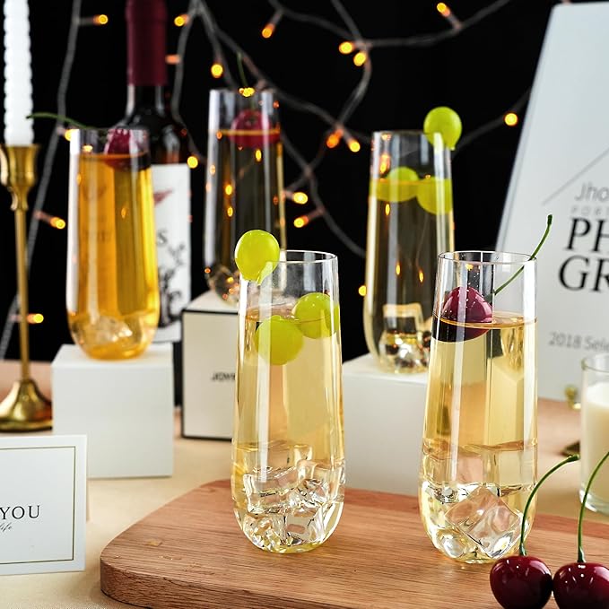 48 Pack 9 oz Stemless Plastic Champagne Flutes, Clear Disposable Champagne Toasting Glasses, Shatterproof and BPA-Free Drinkware for Party & Graduation & Wedding