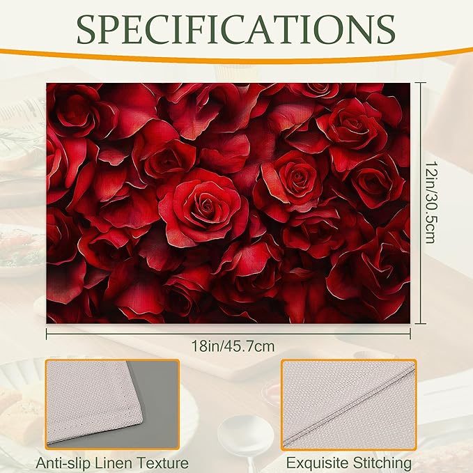 Red Rose Flower Fabric Placemats,Vintage Floral Table Placemats Set of 6 Cloth Place Mats, Washable Heat-Resistant Table Mats for Home Kitchen Dining Room Decoration 11.8x17.7 Inch