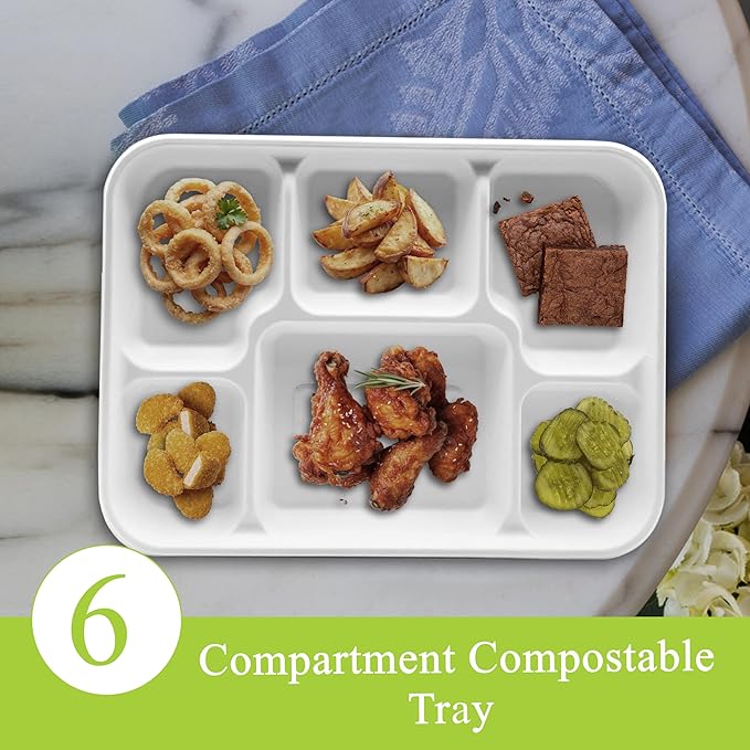 three leaf 6 Compartment Bagasse Tray 50 Ct. Heavy Duty, Super Strong,Eco Friendly Disposable Bagasse Plates,100% Biodegradable Plates, Microwave and Freezer Safe, Ideal for Party, Dinner and Picnic