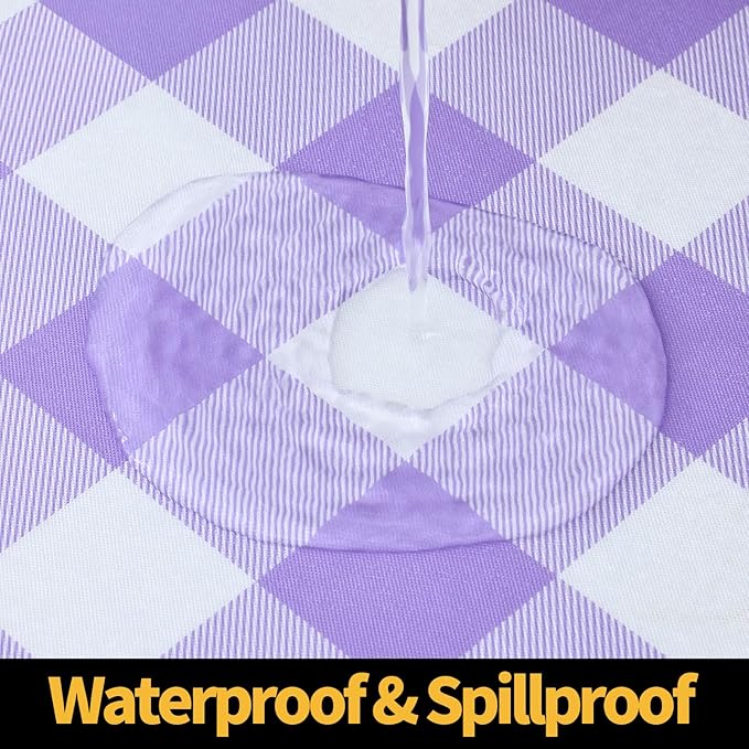 Smiry Rectangle Picnic Table Cloth, Elastic Waterproof Fitted Vinyl Tablecloths, Flannel Backed Buffalo Plaid Table Covers for Dining, Camping, Outdoor (White and Purple, 30" x 48")