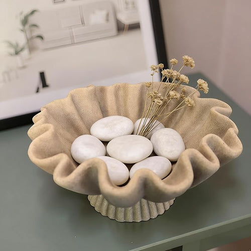 10" Large Handmade Decorative Bowl decor , Handicraft Scalloped Bowls for Modern Home Decor,Ruffle Decor,Key Bowl for Entry Table,Decorative Fruit Bowl for Kitchen Counter,Artificial Stone Beige