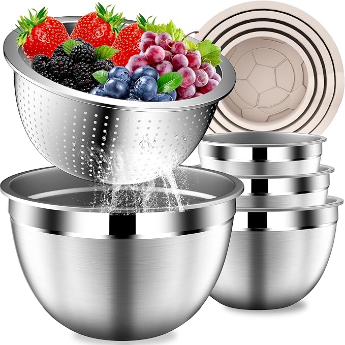 Stainles Steel Mixing Bowls with Lids Set, Stackable Metal Mixing Bowl with Strainer, 5-Piece - Beige