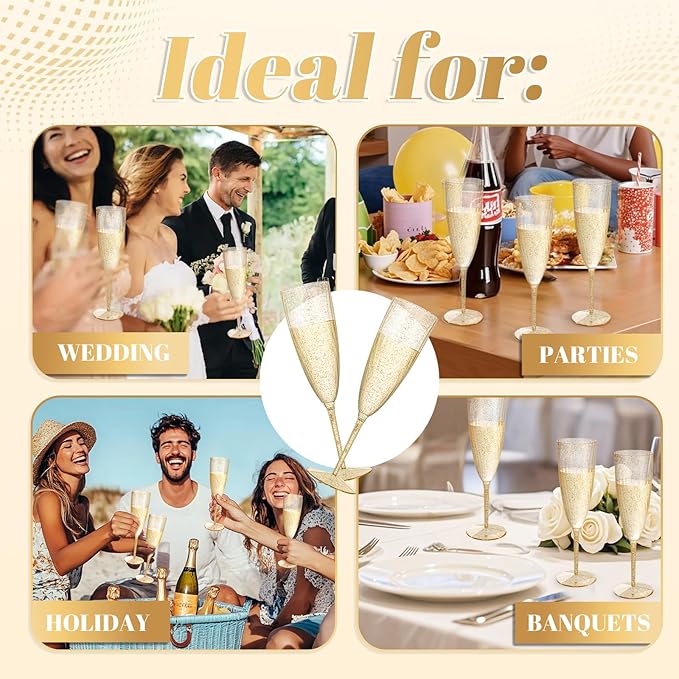 WDF 36-Pack Plastic Champagne Flutes - Gold Glitter Champagne Glasses Disposable - Perfect for Wedding Birthday Bridal Shower Valentine's Day