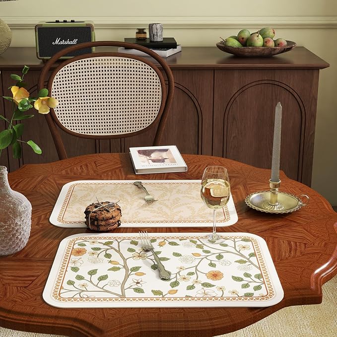ISAENNE Skin Colour PVC Placemats Set of 6,Rectangular Floral Placemats,Waterproof and Heat-Resistant Branch Leave Pattern,Decoration for Kitchen,Dinning,Parties, Holiday,12"*17"
