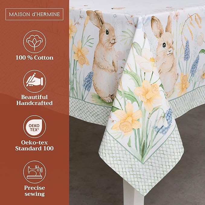Maison d' Hermine Table Cloth Rectangle Table 100% Cotton 70 x 120 Inches Tablecloth Reusable Decorative for Dining Room Farmhouse Home Valentines Day Decorations Spring Summer - Easter Dew