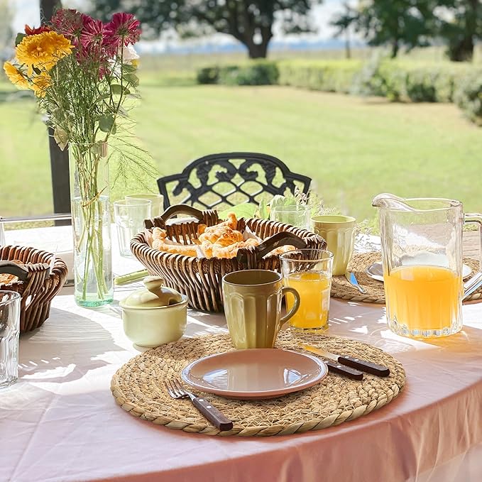 Aneco 12 Pack 13.8-Inch Round Woven Placemats Natural Hand-Woven Boho Rattan Wicker Bulrush Placemat Farmhouse Rustic Braided Table Mats for Dining & Kitchen Decor