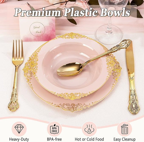 100PCS Pink Plastic Bowls - 12 oz Pink Gold Disposable Salad Bowls - Heavy Duty Disposable Soup Bowl - Fancy Plastic Ice Cream Bowl for Weddings Valentine's Day Parties Dinners Picnics
