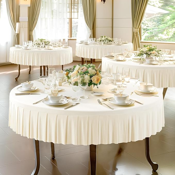 8 Pack Ivory Spandex Round Tablecloths for 72in Table, Stretchy Fitted 6FT Round Table Cloths, Wrinkle Free Table Cover with Skirt for Wedding Birthday Party Bridal Shower Banquet