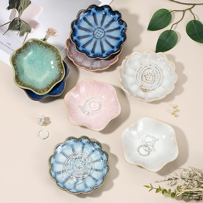 uxcell 2Pcs Ceramics Jewelry Plate, Lotus Leaf Shape Key Holder Bowl for Entryway Table Decor Small Ring Tray Dish Gift for Women Girlfriend, Blue/White