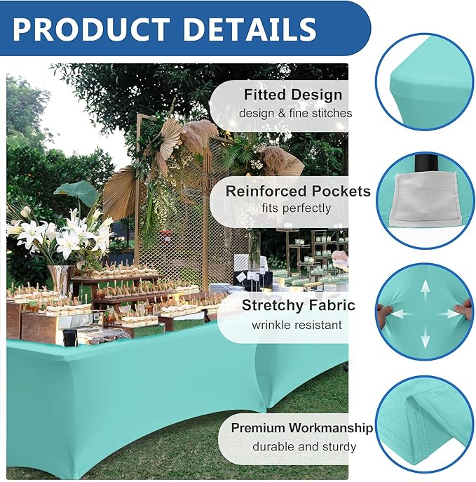 Spandex Table Cloths for 8 Foot Rectangle Tables-6 Pack Fitted Stretch Aqua Blue Table Covers-Folding Tablecloths for Party, Vendor Booth Display, Banquet Buffet Event, Craft Trade Show