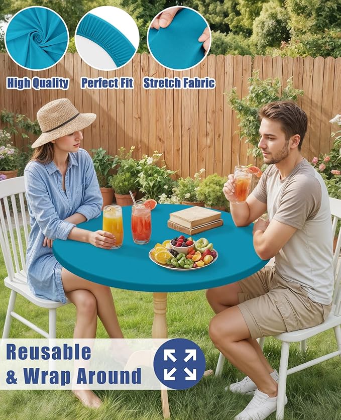 Round Spandex Tablecloth, Elastic Fitted Waterproof Tablecloths for 18"-24" Tables, Stretch Washable Picnic Table Cover for Camping, Dining, Indoor and Outdoor, Turquoise