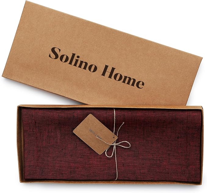 Solino Home Linen Table Runner 90 Inches Long - Athena, 100% Pure Linen Red Garnet Table Runner 14 x 90 Inch for Dining, Winter, Valentines