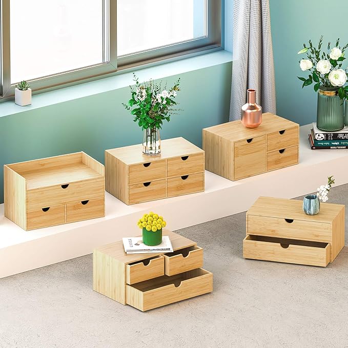 Bamboo Desk Drawer Organizer, 2 Drawer Desktop Organizer with Drawers Tabletop Storage Organization Box for Office Home Toiletries Supplies Vanity, No Assembly Required
