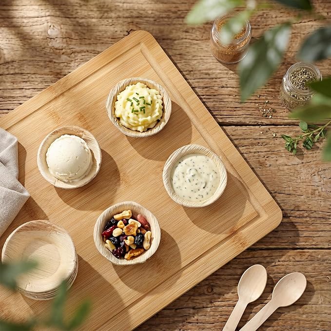 100 Pcs Small Palm Leaf Dip Bowls 2.5 Inch Disposable Palm Leaf Round Mini Dip Bowl, All Natural and Compostable Small Bamboo Plates for Dips Soy Sauce Charcuterie Board and Finger Foods