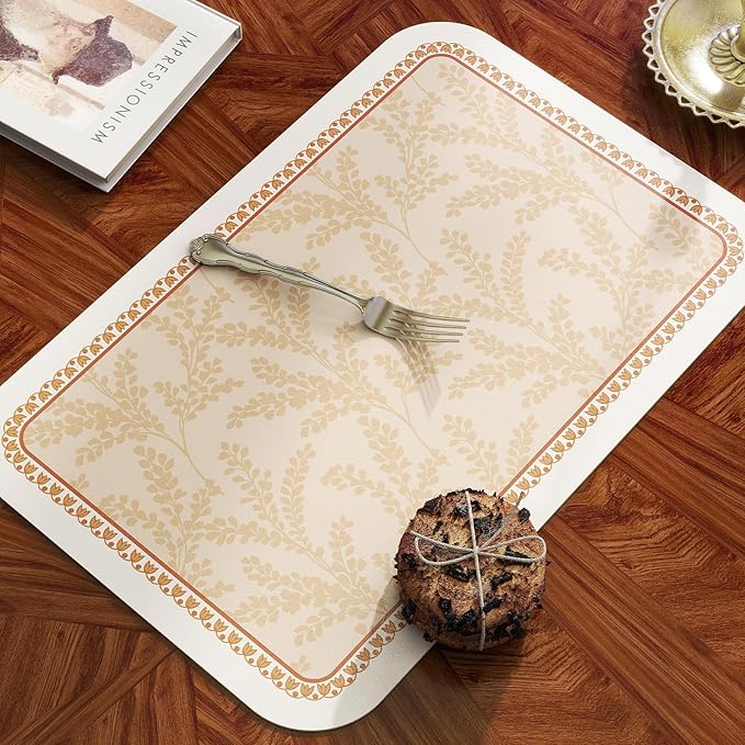 ISAENNE Skin Colour PVC Placemats Set of 6,Rectangular Floral Placemats,Waterproof and Heat-Resistant Branch Leave Pattern,Decoration for Kitchen,Dinning,Parties, Holiday,12"*17"