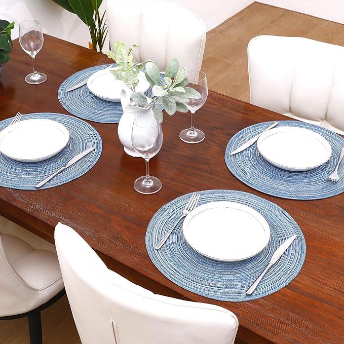 SHACOS Round Braided Placemats Set of 6 Circle Place Mats Kitchen Table Mats for Dining Table Wedding Party (Blue Gray, 6)