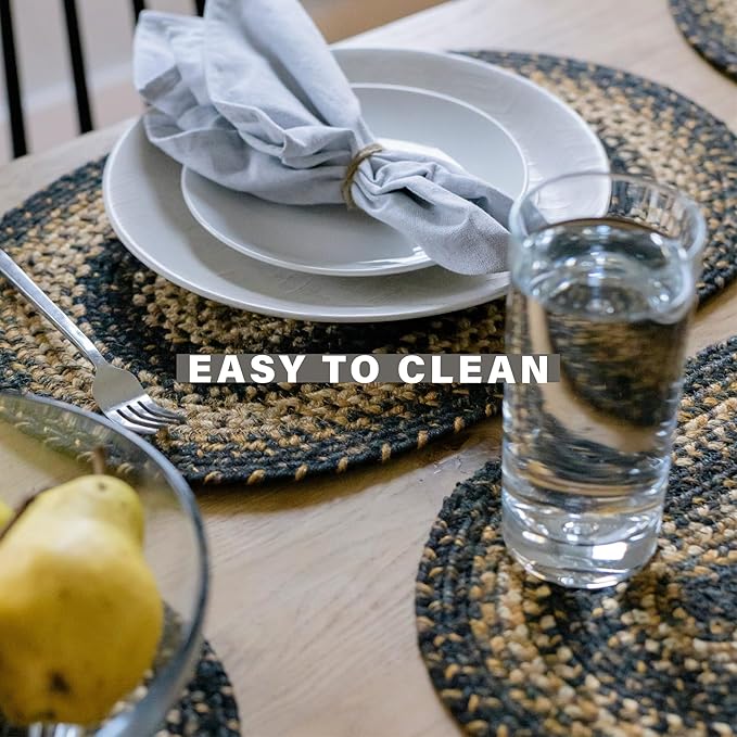 Homespice Kilimanjaro Jute Braided Placemats, Warm Primitive Decor, Set of 4, Black and Tan 13x19 Oval Table Mats - Vibrant Colors, Durable, Easy to Clean and Protects Furniture