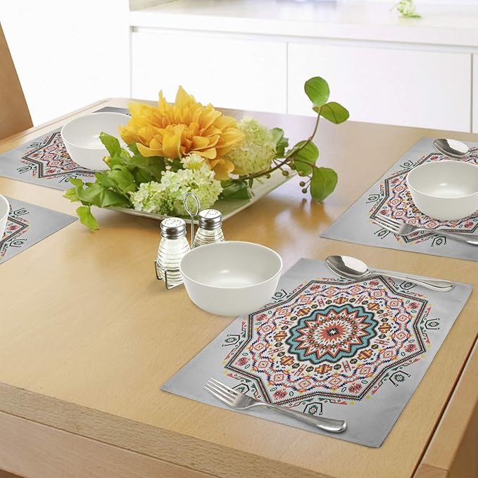 Ambesonne Tribal Place Mats Set of 4, Abstract Style Themed Boho Sun Pattern Art Print on Greyscale Background, Washable Fabric Placemats for Dining Table, Standard Size, Turquoise Coral