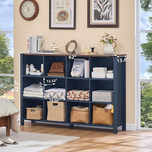12 Cube Storage Organizer, Farmhouse 62 Inch Wide Navy Blue Display Bookshelf, Wooden 3 Tier Large Open Book Shelf, Vintage Bookcase for Home Office, Cubby Cabinet for Living Room, Bedroom