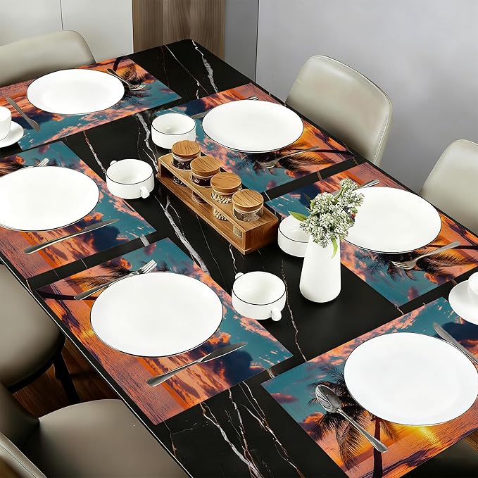 Tropical Palm Tree Table Placemats Set of 6,Non-Slip Summer Beach Sunset Fabric Placemats for Dining Room Kitchen Party Holiday, Indoor Cloth Table Mats for Home Decor 11.8x17.7 Inch