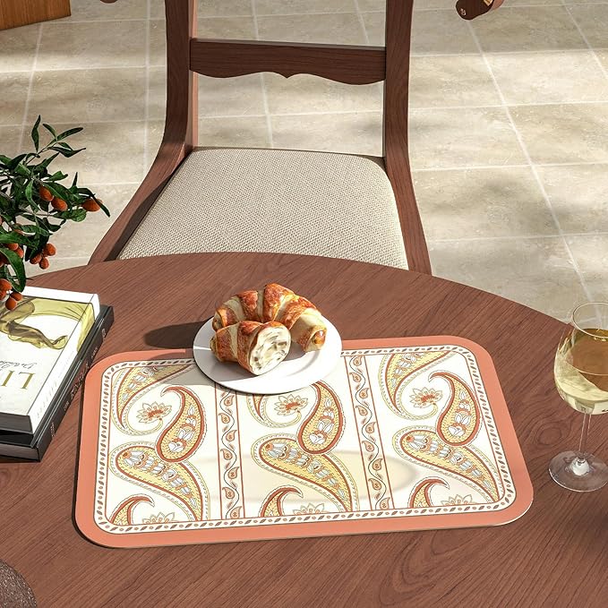 ISAENNE Designer Paisley PVC Placemats Set of 6, Red Classic Pattern Rectangular Placemat, Waterproof and Heat-Resistant Paisley Style,Decoration for Kitchen,Party,Dinning, New Year,12"*17"
