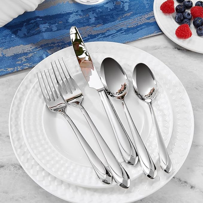 KEAWELL Premium Astra Flatware Set, 45-Piece Silverware Set for 8, Mirror-Finished 18/10 Stainless Steel, Modern Cutlery Dishwasher Safe for Meals and Gatherings (45, Silver)