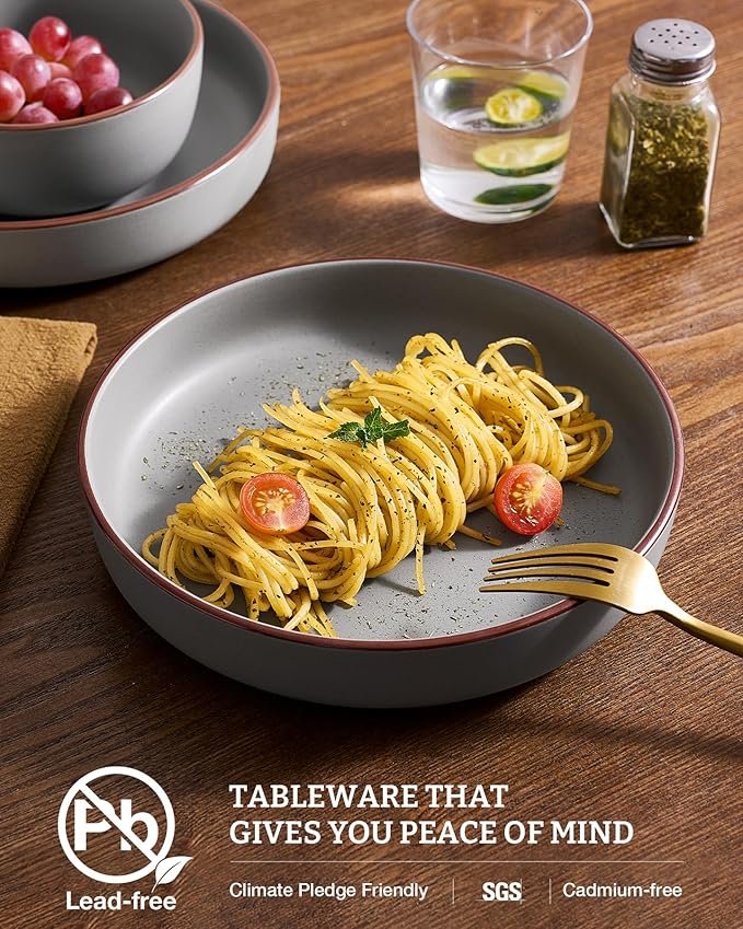 famiware Mercury Pasta Bowls Set of 4, 33 oz Large Salad Bowls, Ceramic Pasta Plates Bowls, Serving Bowls for Kitchen, Microwave & Dishwasher Safe, Dark Gray
