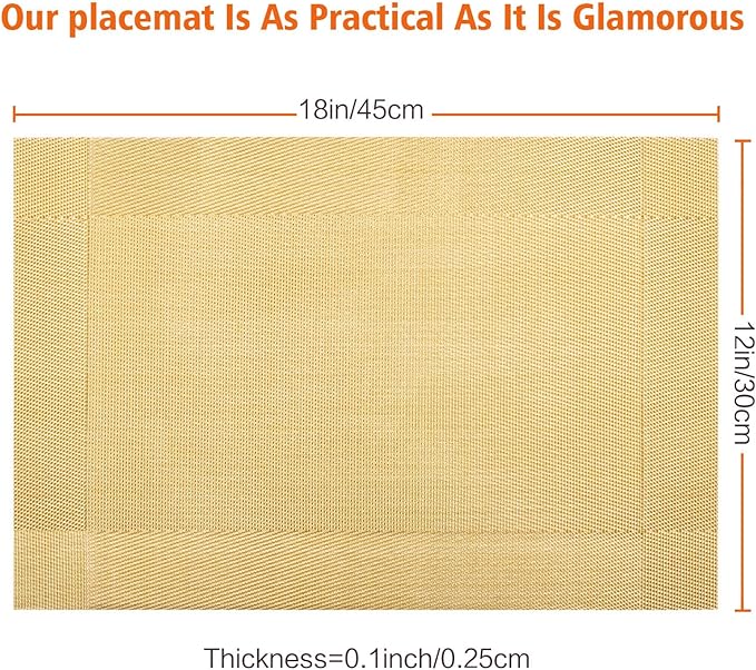 Placemats Set of 6,Washable,Heat and Stain Resistant Indoor/Outdoor Place mats,Vinyl Woven Non Slip Table Mats for Restaurant Table Protection,PVC Placemats(Gold 6PCS)