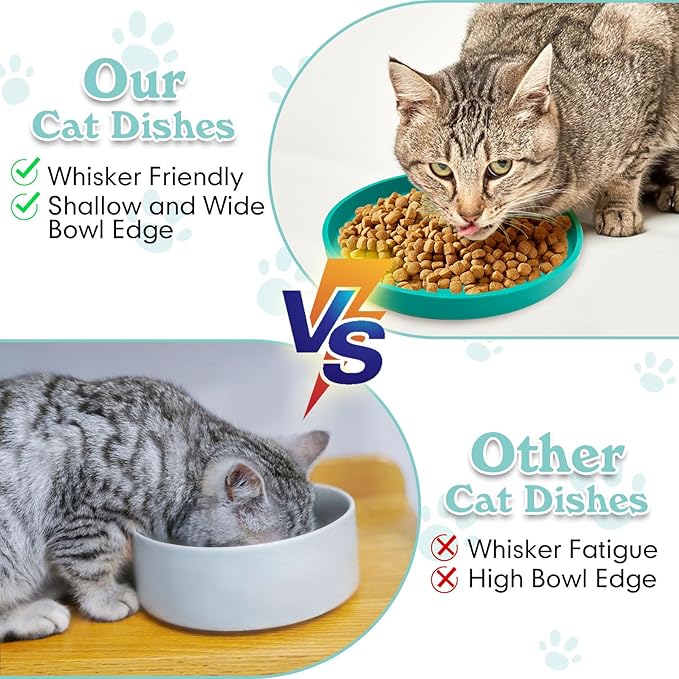 Silicone Cat Food Bowl Shallow Dishes 5.9in Wide Cats Bowls Set of 2 Kitty Plates Relief Whisker Fatigue Puppy Feeding Bowl for Dry Food and Wet Food Indoor (Round Green)