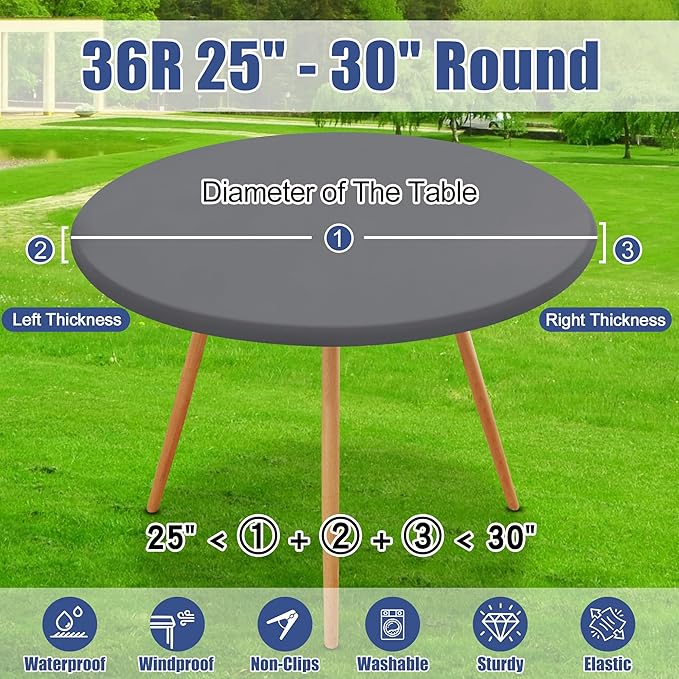 Round Spandex Tablecloth 2 Pack, Elastic Fitted Waterproof Tablecloths for 25"-30" Tables, Stretch Washable Picnic Table Cover for Camping, Dining, Indoor and Outdoor, Grey