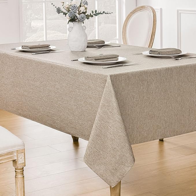 Rectangle Tablecloth Linen Textured Waterproof & Stain Resistant Table Cloth Wrinkle Free Decorative Fabric Farmhouse Table Cover for Dining/Party/Buffet/Wedding, 52 x 70 Inch, Mocha