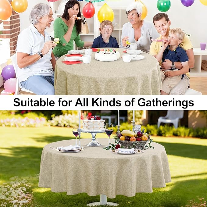 JIUZHEN Faux Linen Round Tablecloths 84 inch, Decorative Wrinkle Free Texture Rustic Circle Table Cloth Cover for Kitchen, Dining, Party, Wedding, Outdoor Use (84 Inch Round,Beige)