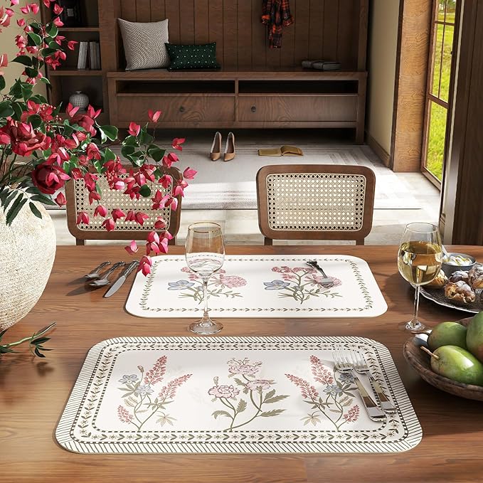 ISAENNE French Cottage Floral Rectangle PVC Placemats Set of 6, Waterproof and Heat-Resistant Place Mats.Decoration for Kitchen, Dinning, Parties, Holiday,12"*17"