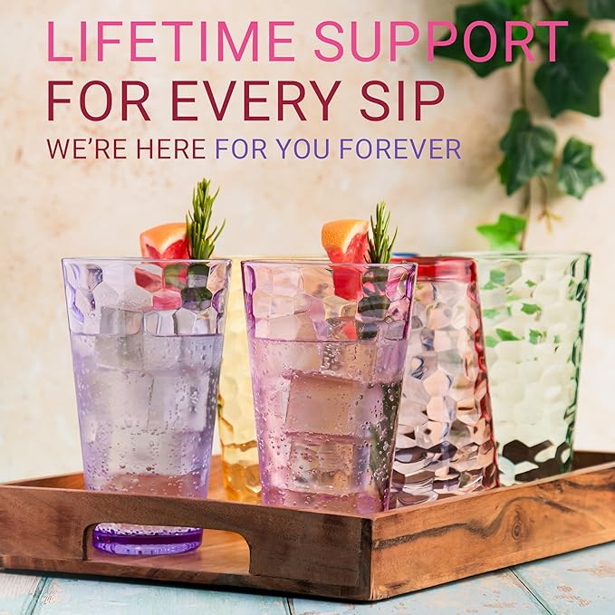 Hammered Plastic Drinking Tumbler, Dishwasher-Safe Premium Quality Water Glasses, BPA-Free Reusable Mixed Colors Assorted Stackable Cups, 22 oz Set of 6