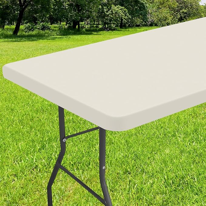 Smiry Rectangle Tablecloth, Elastic Fitted Flannel Backed Vinyl Tablecloths for 8ft Folding Tables, Waterproof Wipeable Table Covers for Indoor, Outdoor, Picnic and Camping (Beige, 30"x96")