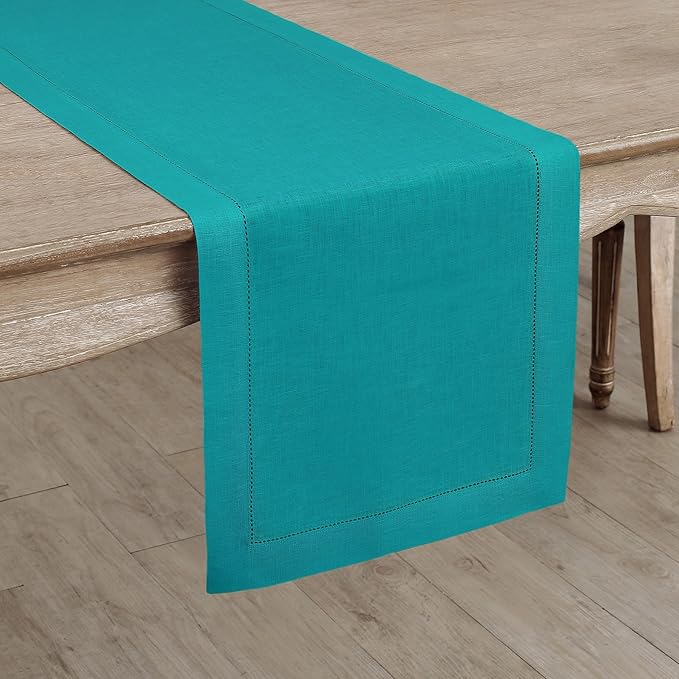 Solino Home Linen Teal Table Runner 72 Inches Long - 100% Pure Linen Hemstitch Table Runner 14 x 72 Inch for Dresser, Dining - Classic Hemstitch