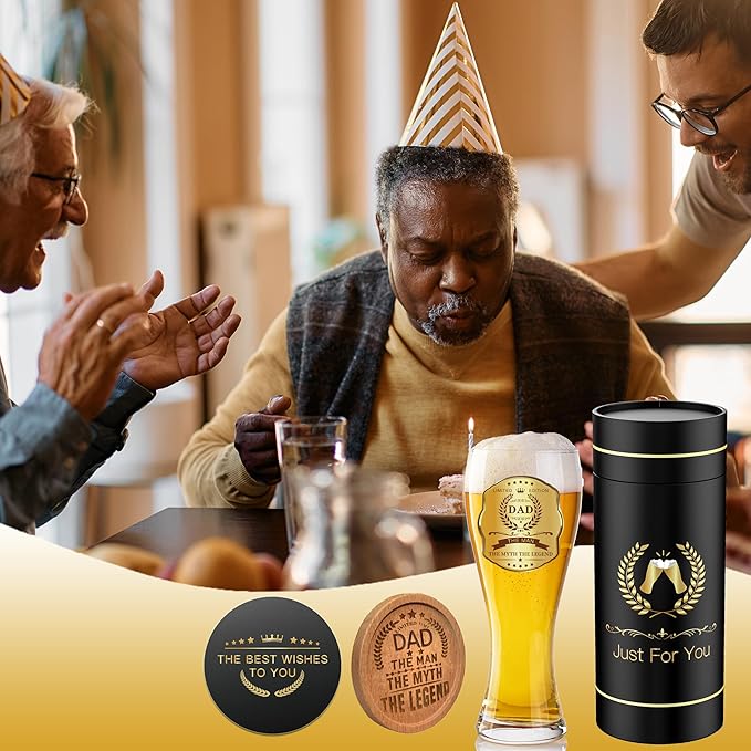 Beer Glasses Gifts for Dad, Personalized Beer Glass Ware Set for Birthday, Father's Day, Christmas, New Year, and Thanksgiving Gift, Package with Drinking Glass, Coaster, and Card for Man